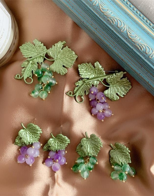 Cottagecore Grape Earrings & Brooch
