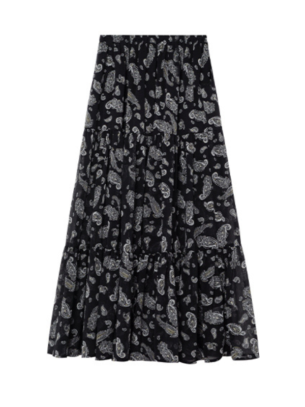 Black ruffled camisole and patterned maxi skirt