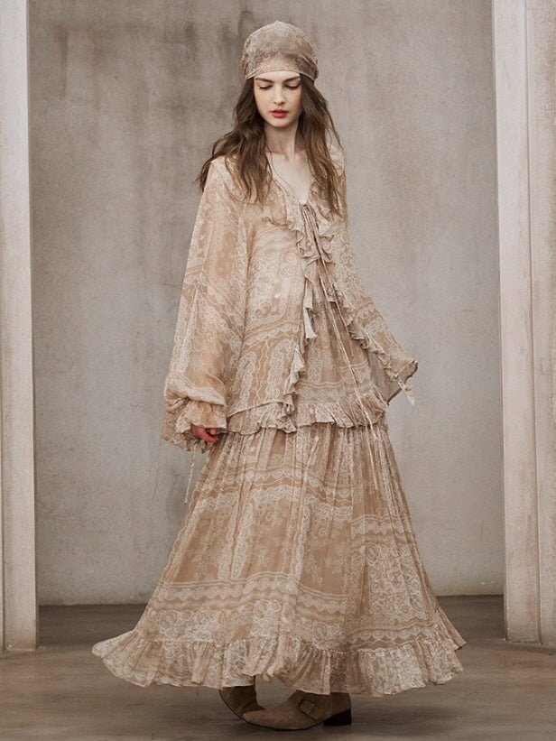 Romantic Beige Lace Blouse & Skirt