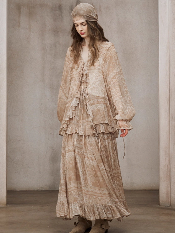 Romantic Beige Lace Blouse & Skirt