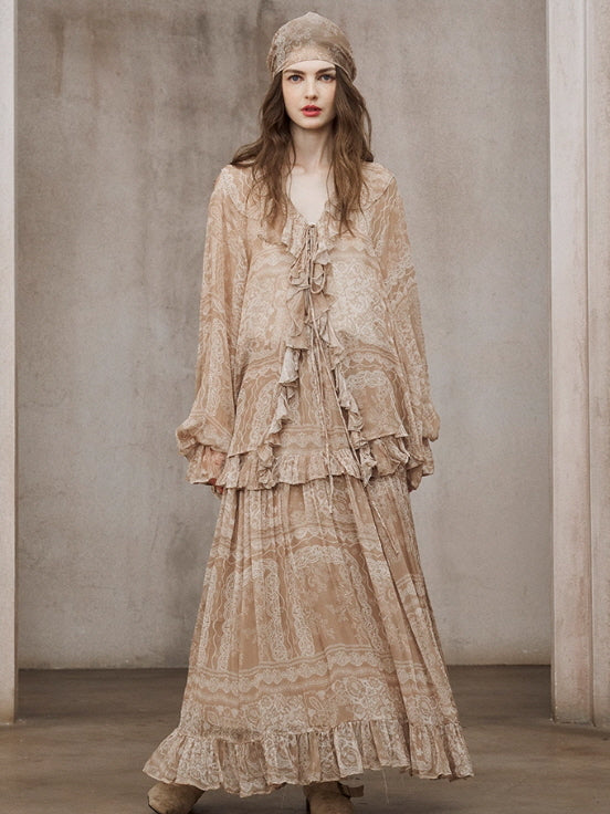 Romantic Beige Lace Blouse & Skirt