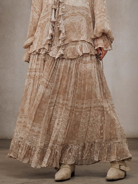 Romantic Beige Lace Blouse & Skirt