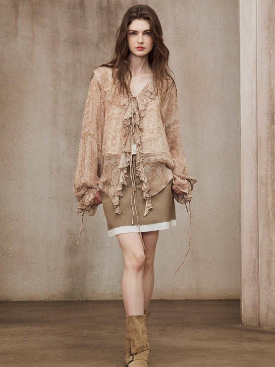 Romantic Beige Lace Blouse & Skirt