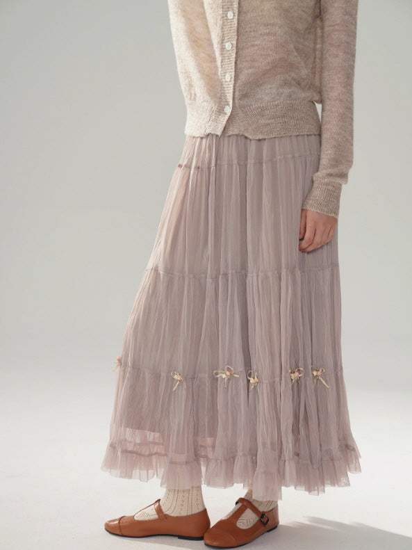 Ribbon Bloom Tulle Long Skirt