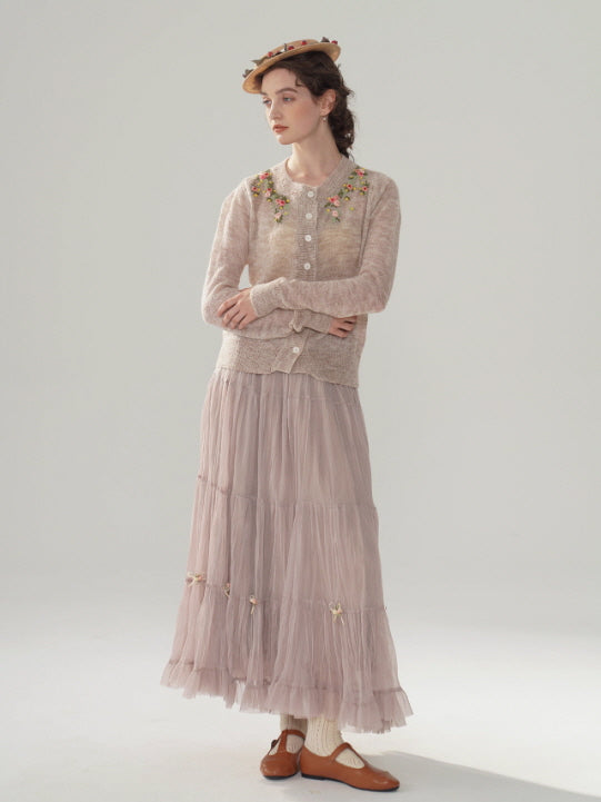 Ribbon Bloom Tulle Long Skirt