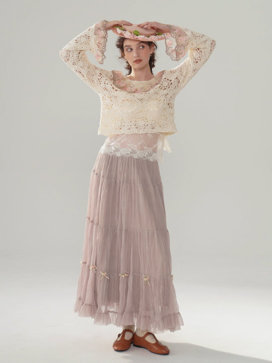 Ribbon Bloom Tulle Long Skirt