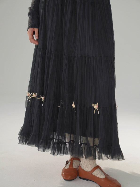 Ribbon Bloom Tulle Long Skirt