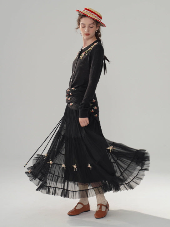 Ribbon Bloom Tulle Long Skirt