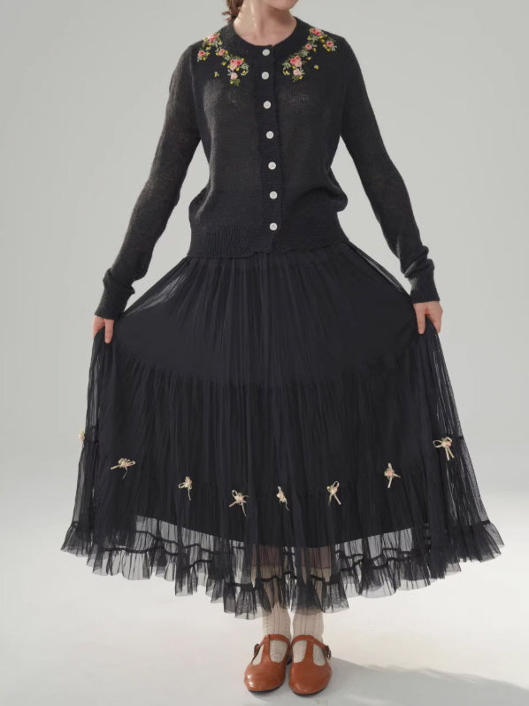 Ribbon Bloom Tulle Long Skirt