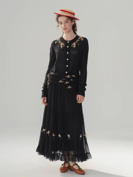 Ribbon Bloom Tulle Long Skirt