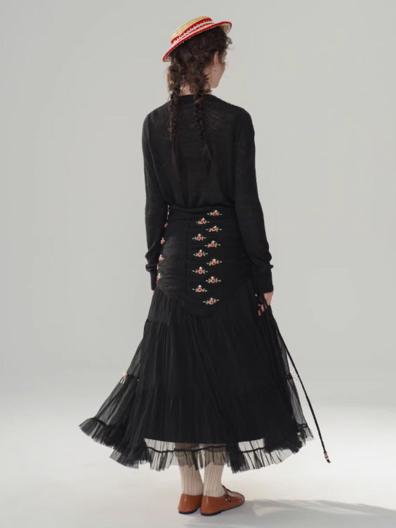 Ribbon Bloom Tulle Long Skirt