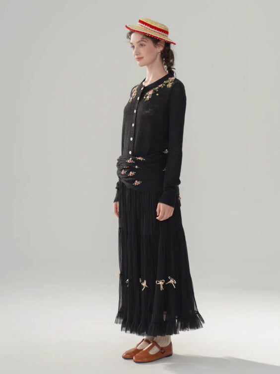 Ribbon Bloom Tulle Long Skirt