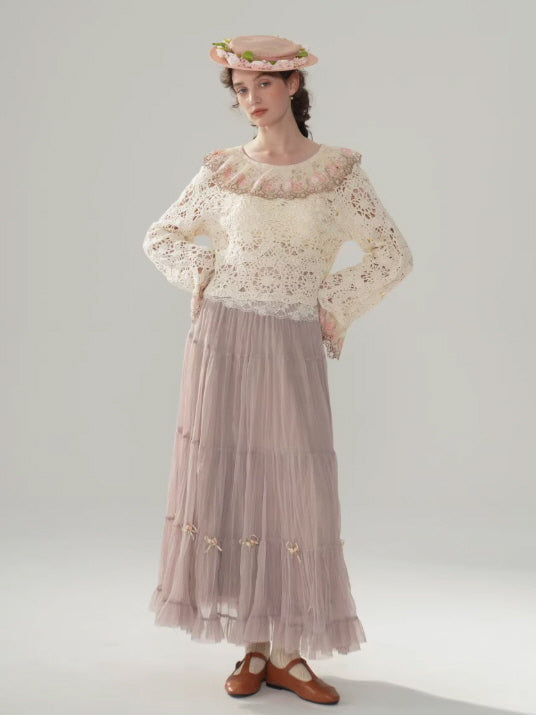 Ribbon Bloom Tulle Long Skirt