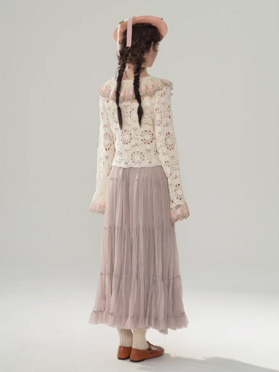Ribbon Bloom Tulle Long Skirt