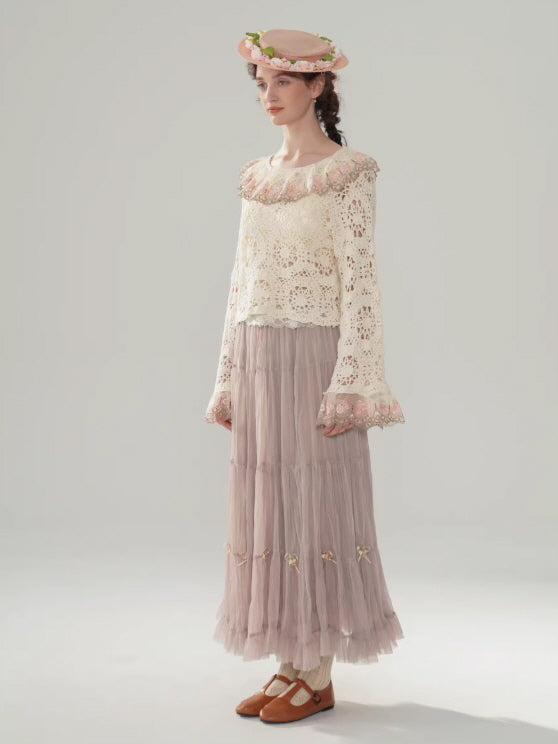 Ribbon Bloom Tulle Long Skirt