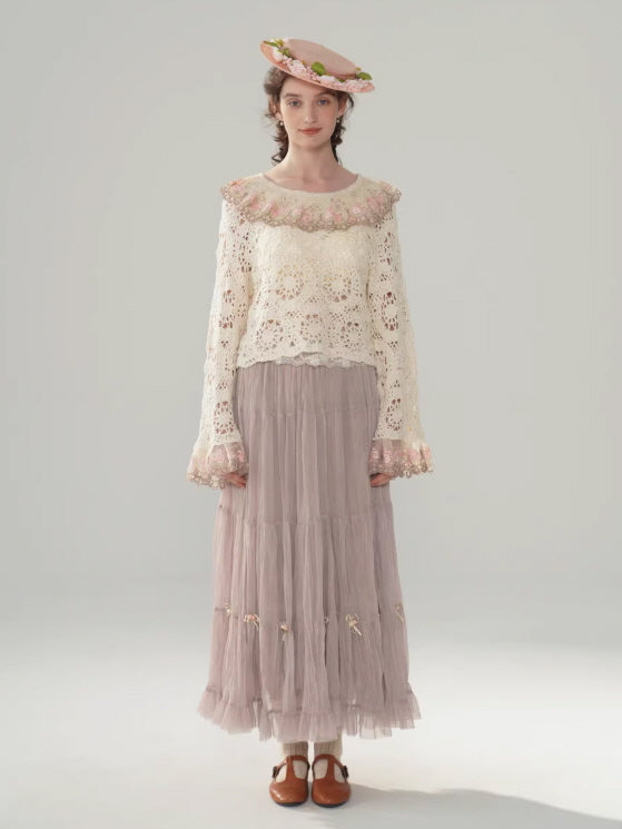 Ribbon Bloom Tulle Long Skirt