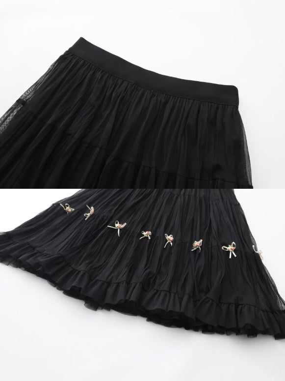Ribbon Bloom Tulle Long Skirt