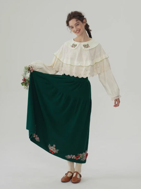 Evergreen Forest Embroidered Wool Skirt