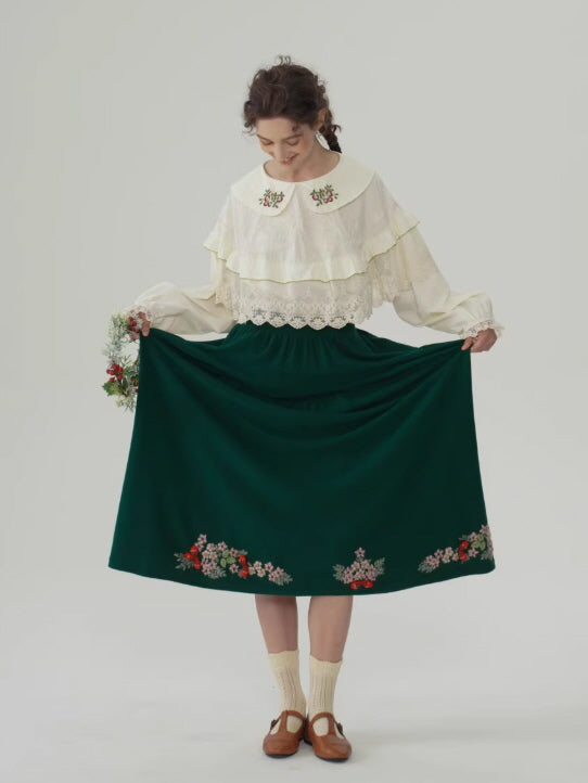 Evergreen Forest Embroidered Wool Skirt