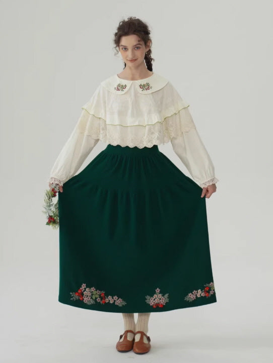 Evergreen Forest Embroidered Wool Skirt