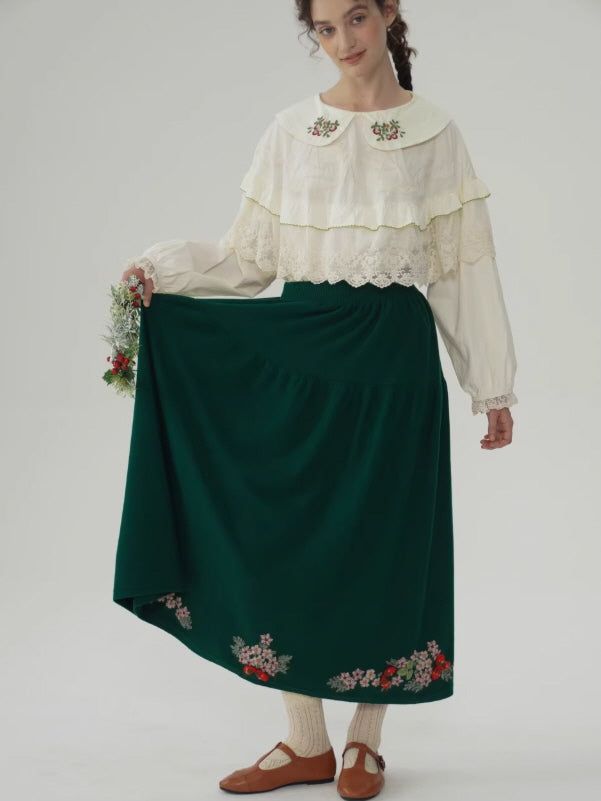 Evergreen Forest Embroidered Wool Skirt