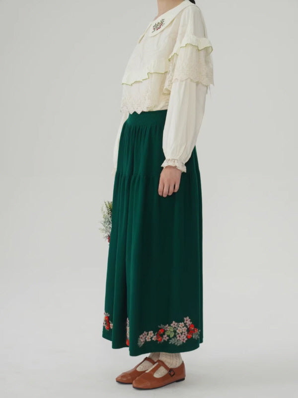 Evergreen Forest Embroidered Wool Skirt
