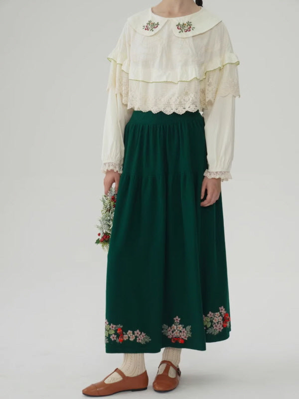 Evergreen Forest Embroidered Wool Skirt