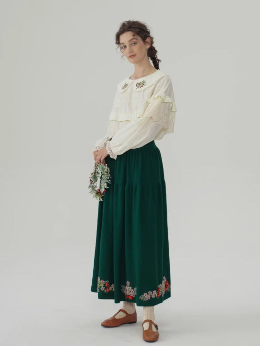 Evergreen Forest Embroidered Wool Skirt