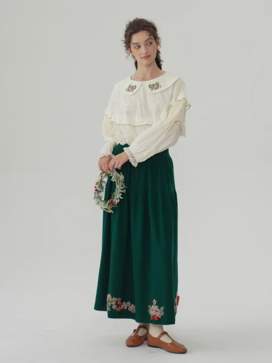Evergreen Forest Embroidered Wool Skirt