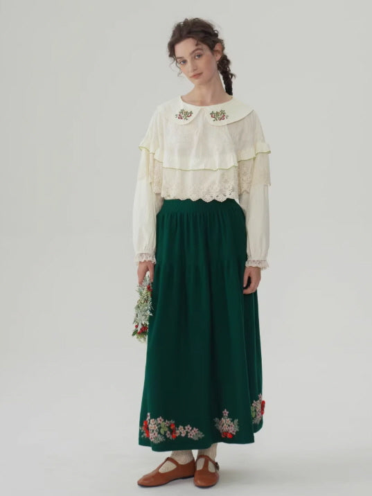 Evergreen Forest Embroidered Wool Skirt