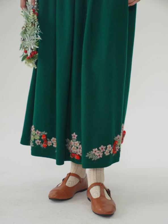 Evergreen Forest Embroidered Wool Skirt
