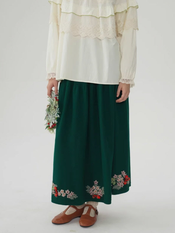 Evergreen Forest Embroidered Wool Skirt