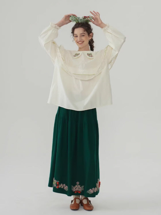 Evergreen Forest Embroidered Wool Skirt