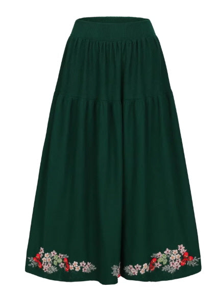 Evergreen Forest Embroidered Wool Skirt