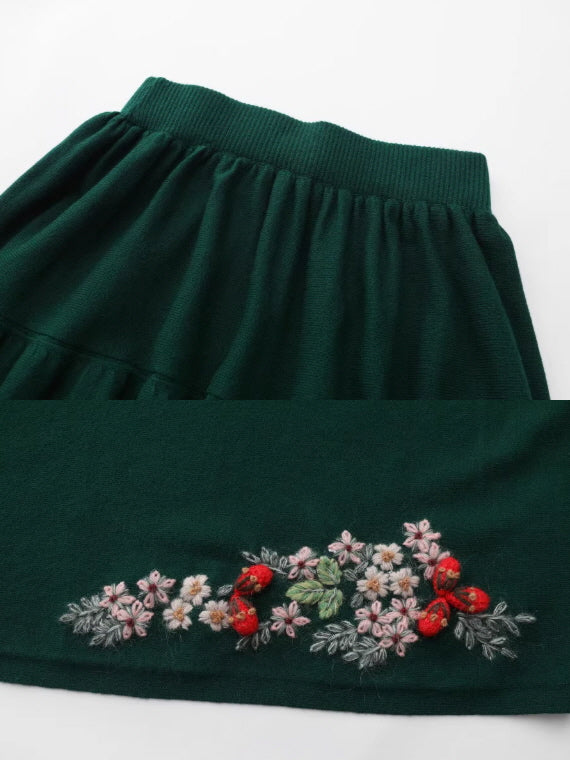 Evergreen Forest Embroidered Wool Skirt
