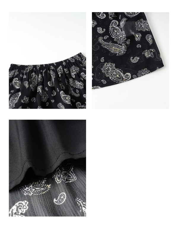 Black ruffled camisole and patterned maxi skirt