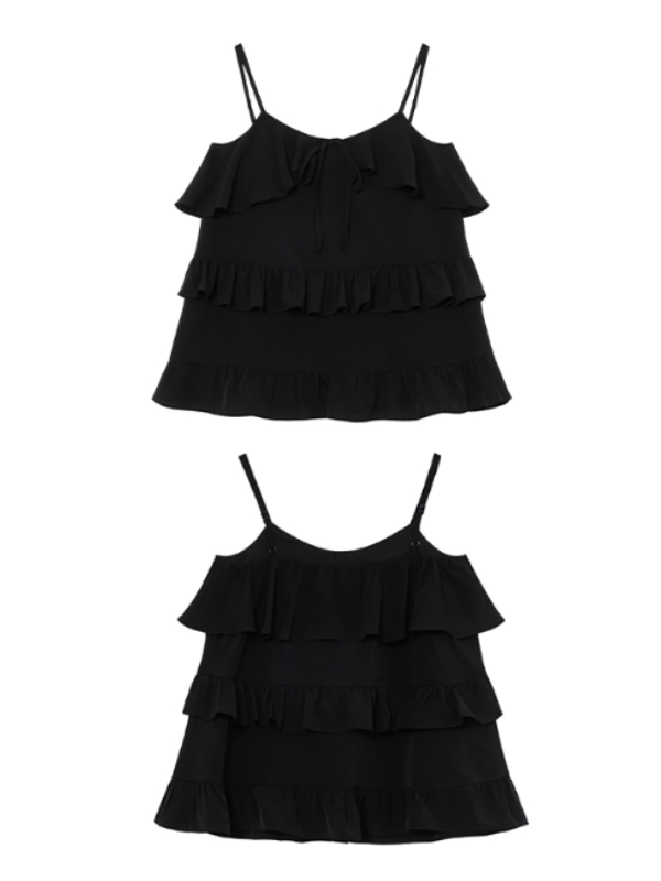 Black ruffled camisole and patterned maxi skirt