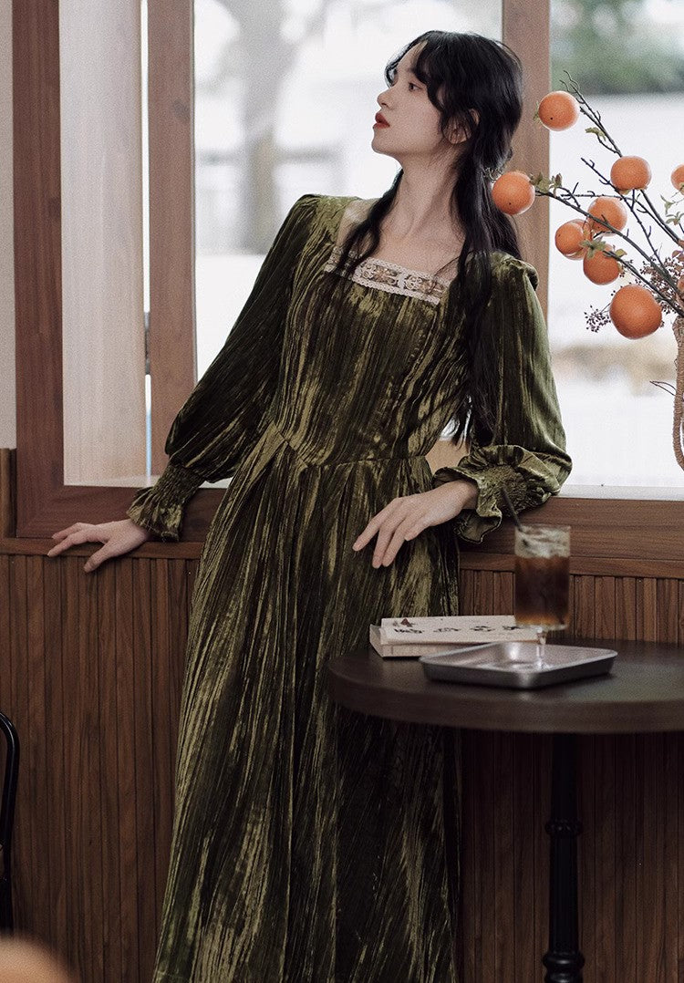 Vintage Square Collar Velvet Dress