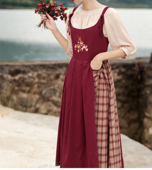 Cottagecore Plaid Fabric Stitched Pinafore Dress