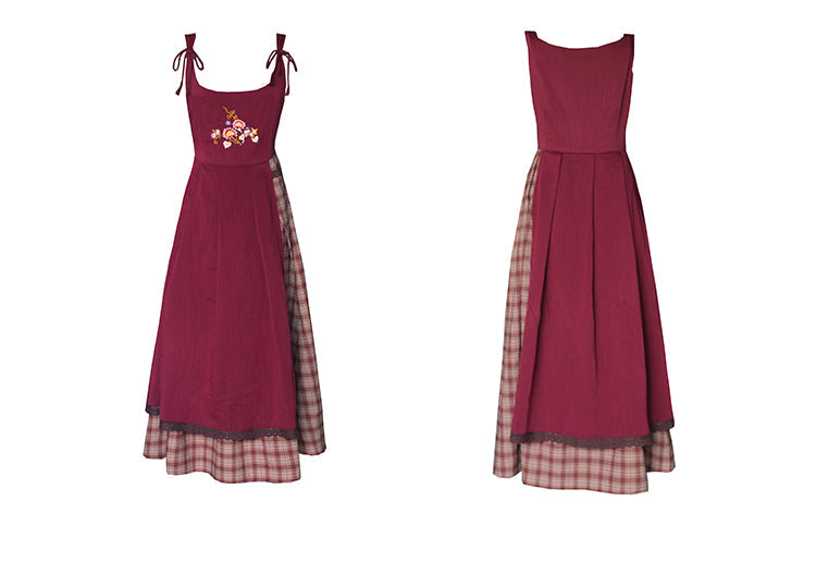 Cottagecore Plaid Fabric Stitched Pinafore Dress