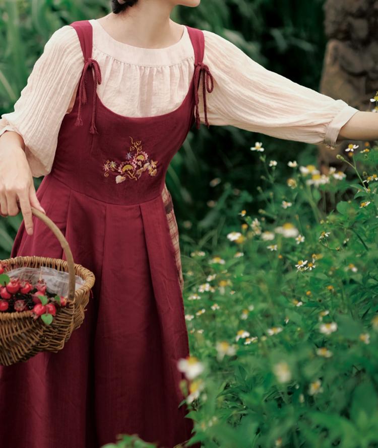 Cottagecore Plaid Fabric Stitched Pinafore Dress