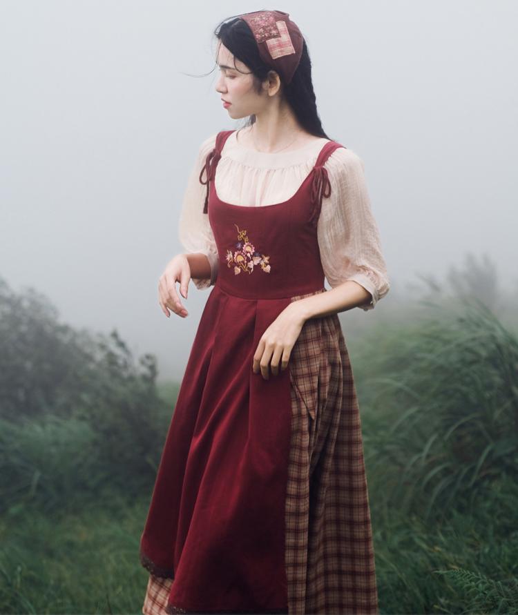 Cottagecore Plaid Fabric Stitched Pinafore Dress