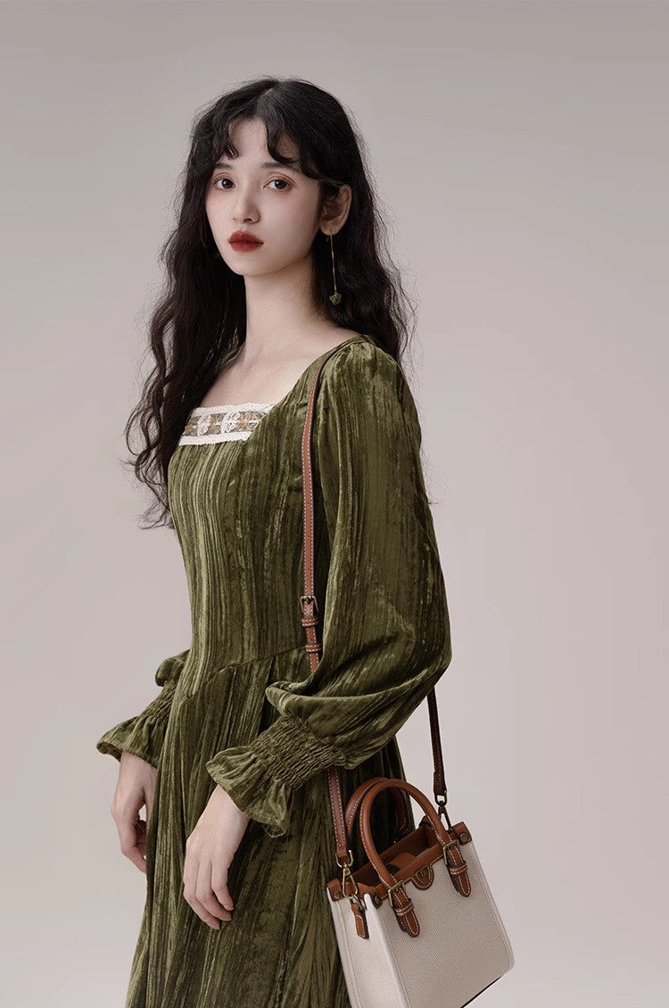 Vintage Square Collar Velvet Dress