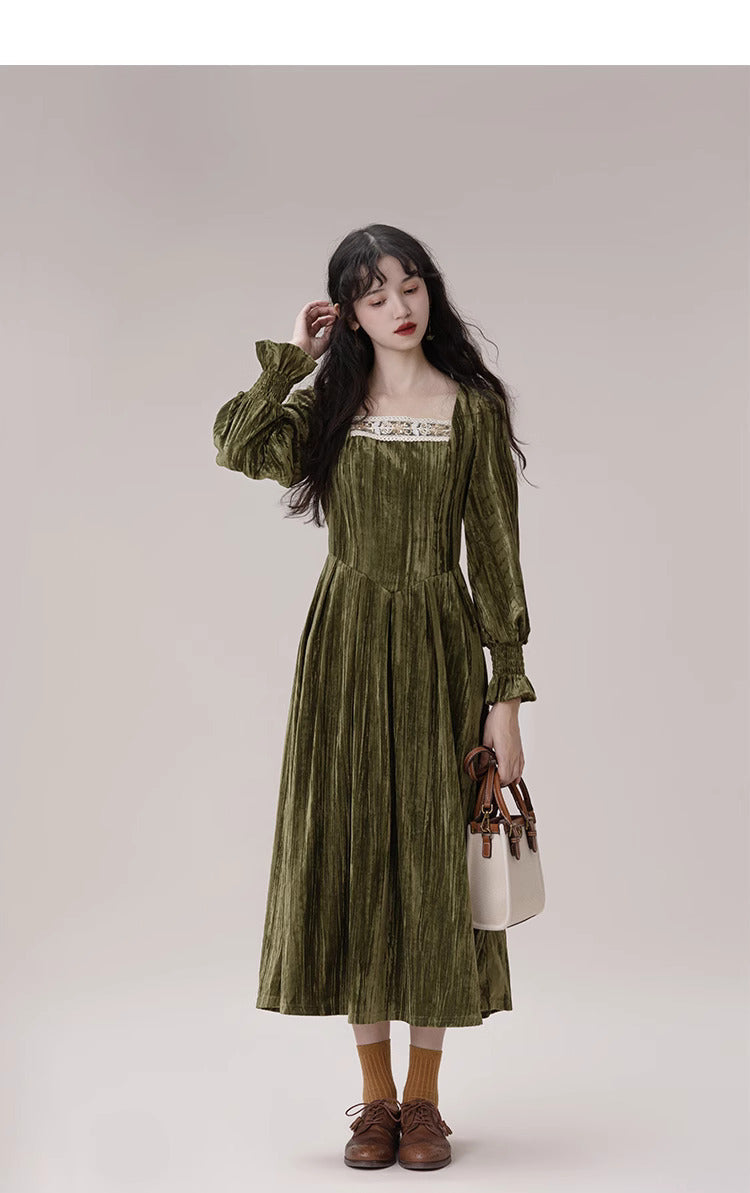 Vintage Square Collar Velvet Dress