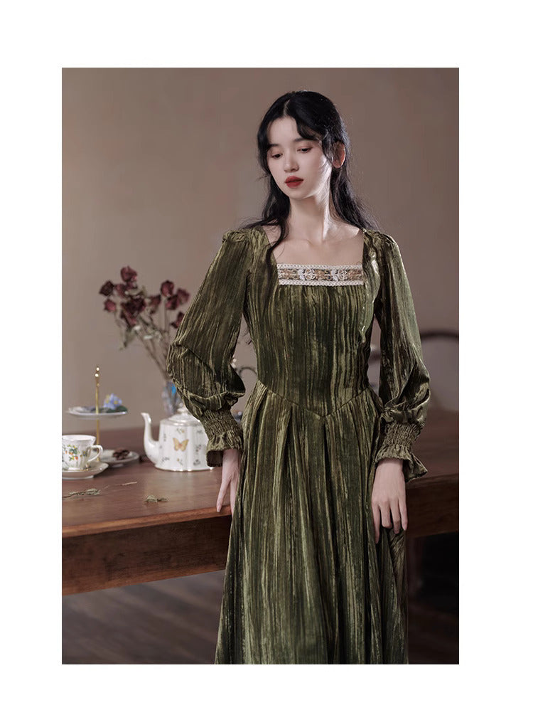 Vintage Square Collar Velvet Dress