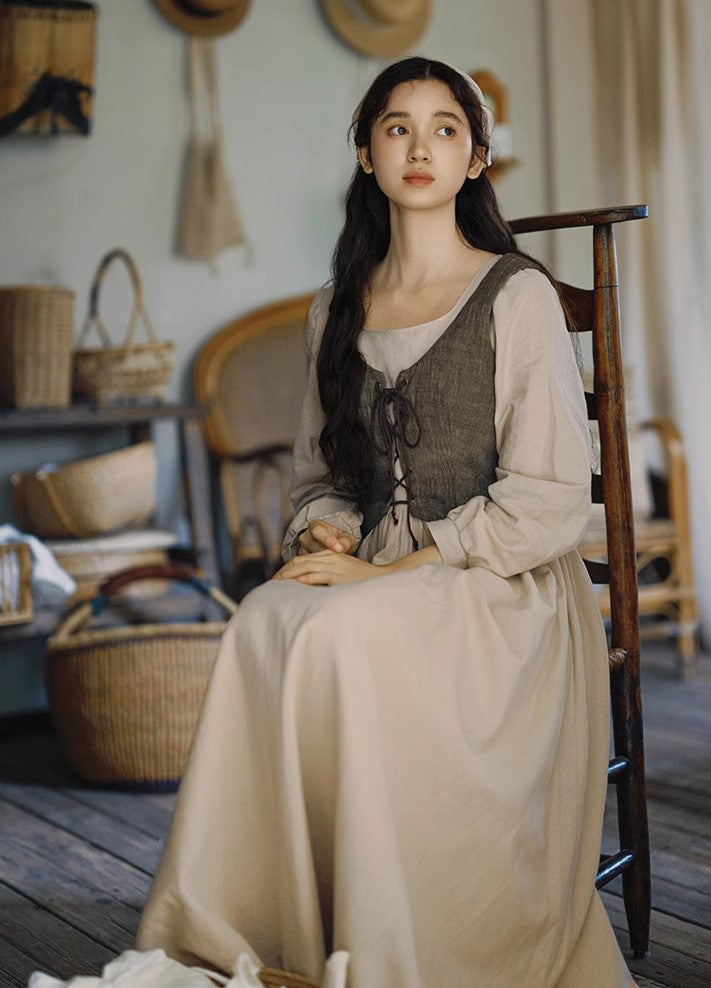 Cottagecore Farm Girl Cotton Dress Vest Set