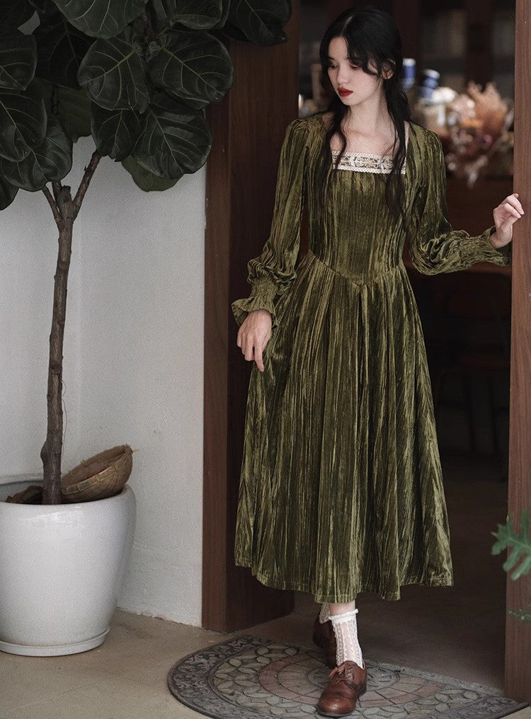 Vintage Square Collar Velvet Dress