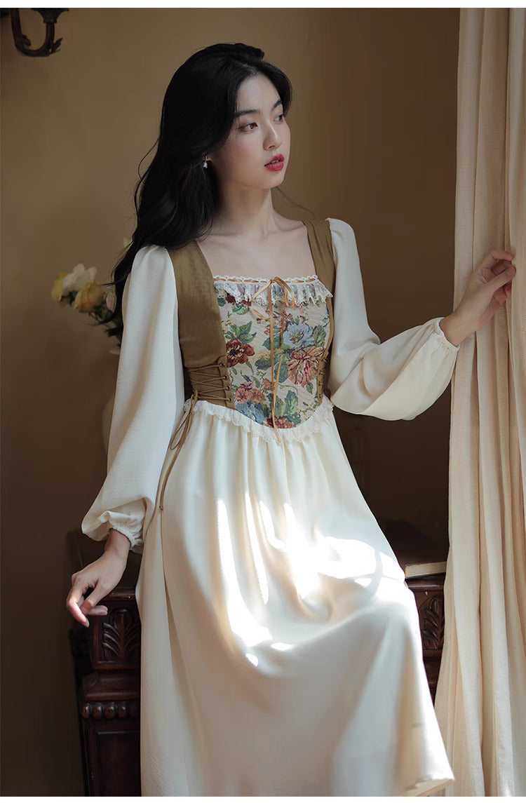 Hobbitcore Contrast Color Corset Dress