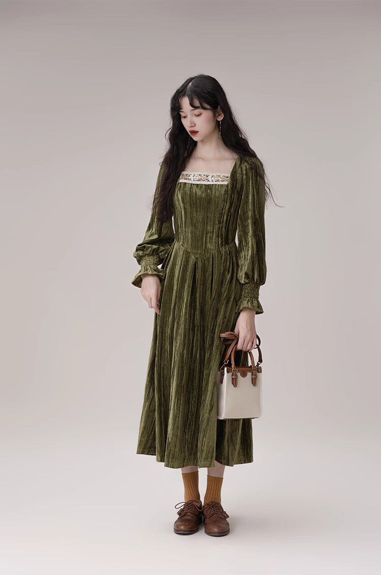 Vintage Square Collar Velvet Dress