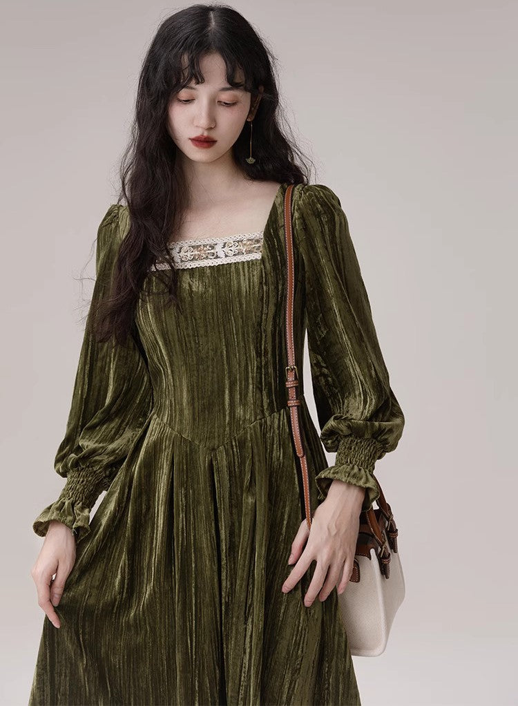 Vintage Square Collar Velvet Dress